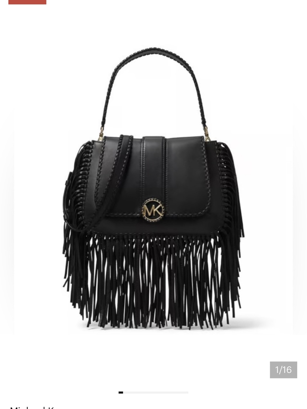 Michael Kors Black Leather Fringe Top-Handle Shoulder Bag with Gold MK Medallion